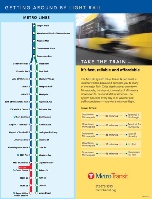 A minimal map of the Minneapolis light rail. The page text is ample to get you from the airport to the hotel area.